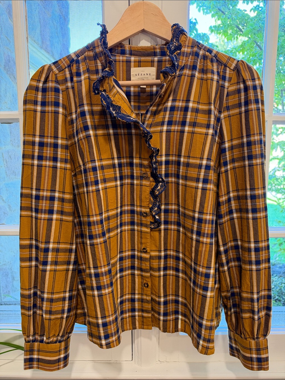 Sezane Mustard and Navy Plaid Ruffle-Trim Blouse
